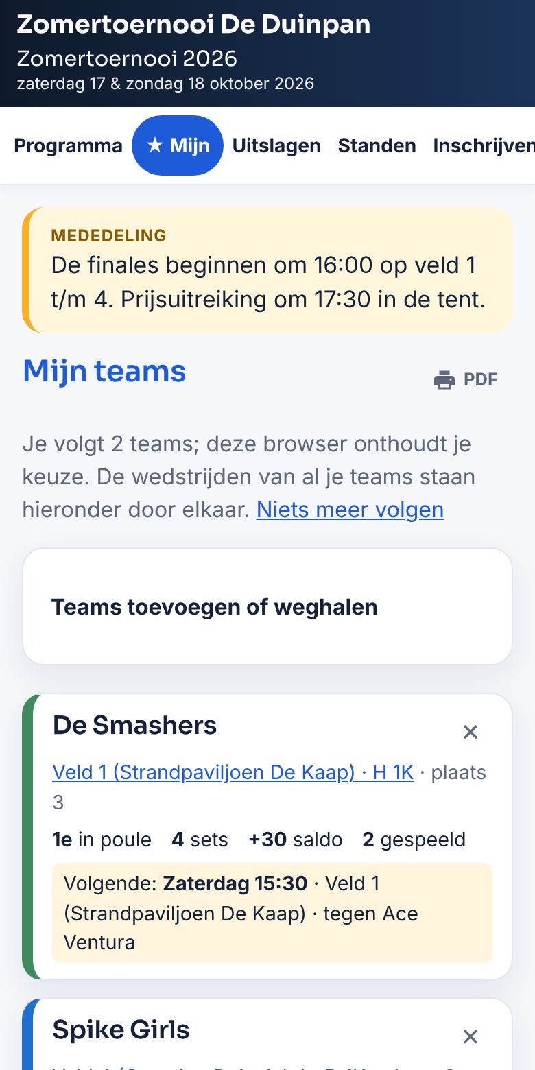 Mijn teams op een telefoon: volgende wedstrijd, plaats in de poule en saldo